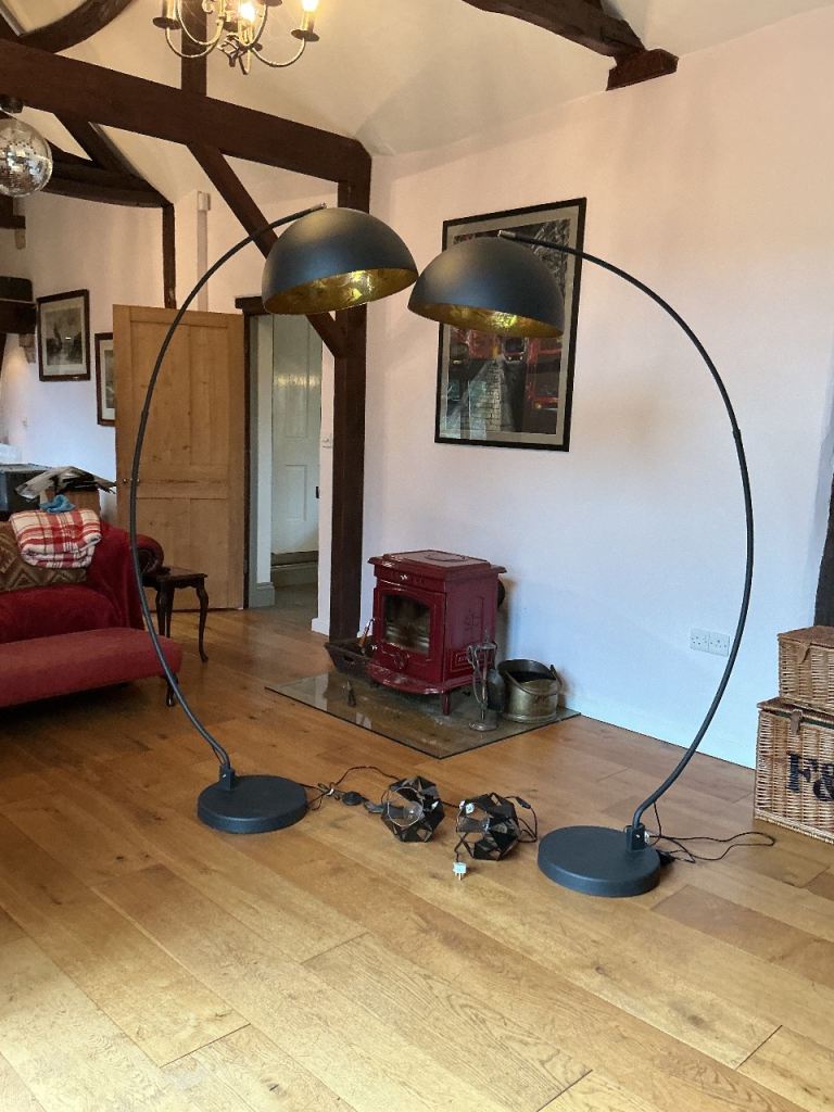 2 x Black and Gold Arc floor lamps with 2 Black metal side lights