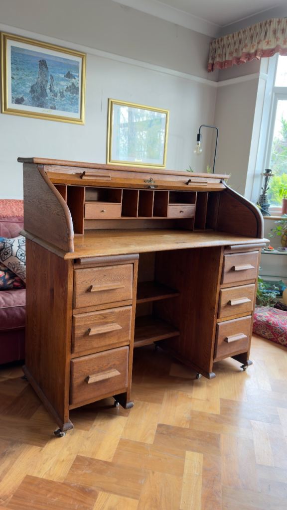 Antique Solid Oak Roll Top Desk c.1920 – Vintage Tambour Bureau
