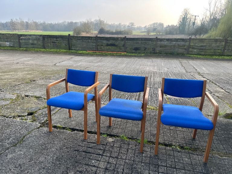 Vintage retro Danish mid century modern blue office stacking kitchen dining chairs Reupholstery x 3