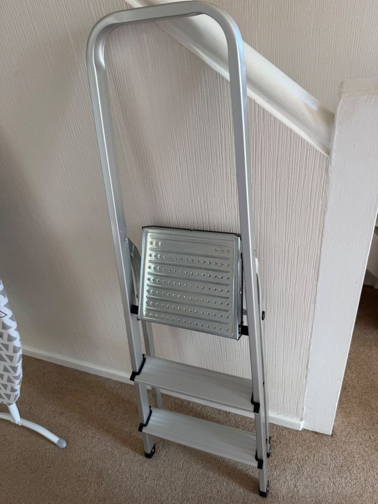 Silver Metal Step Ladder with Three Steps – Good Condition