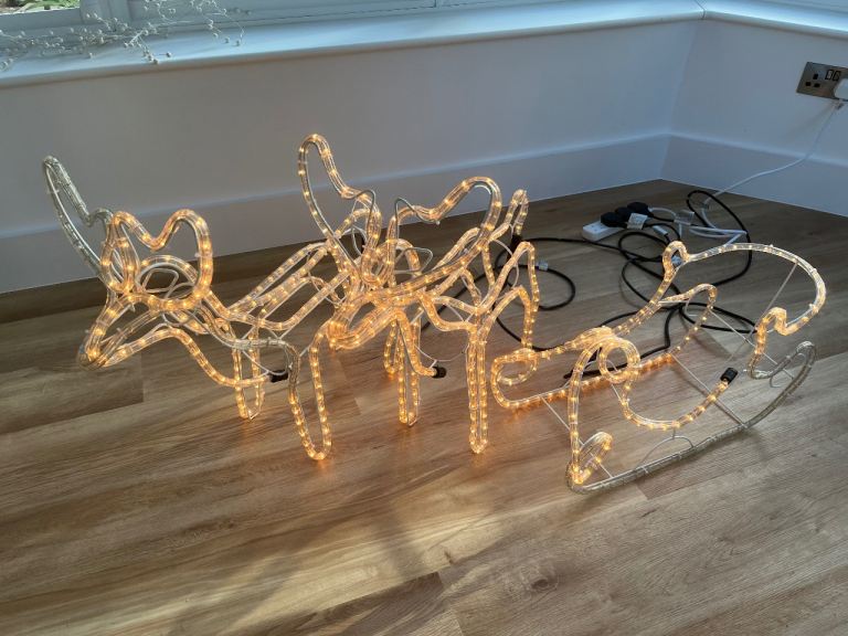 2 reindeer and sleigh light up outdoors decoration 