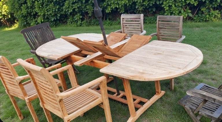 Outdoor teak extending table teak stackable chairs and wooden folding chairs