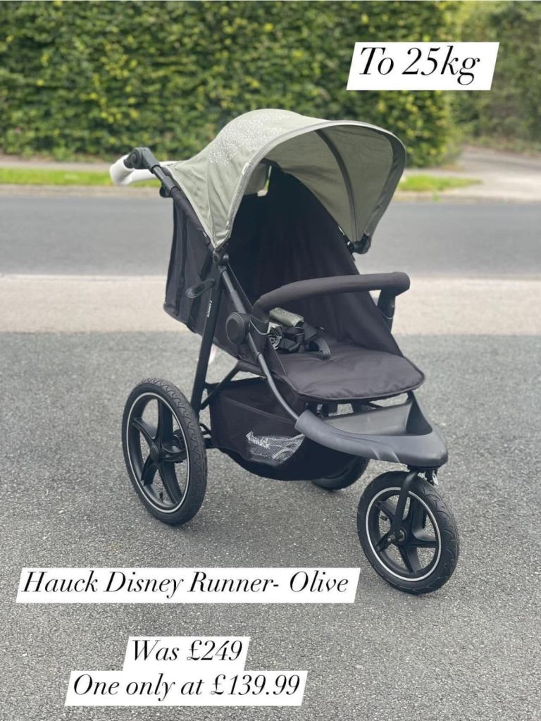 Brand new in box Hauck Runner sporty 3 wheeler jogging pram pushchair Disney edition Olive to 25 kg 