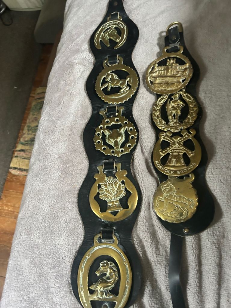 Vintage Brass Horse Brasses on Leather Straps - Set of Two