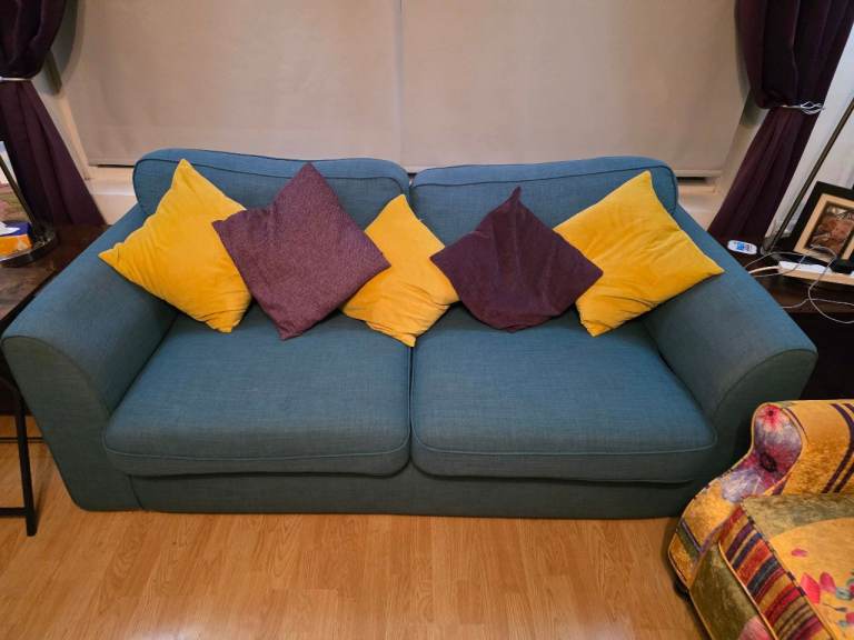 Teal Fabric Sofa and Armchair Set – Good Condition