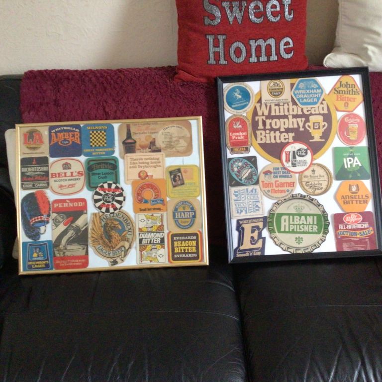 Asst vintage beer mats framed £25 each
