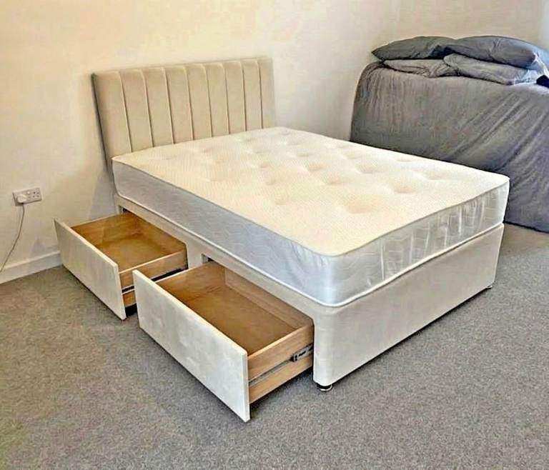 🛏️Stylish Small Double Divan Bed Set – All Colours Available + Storage + Memory Foam Mattress 💸