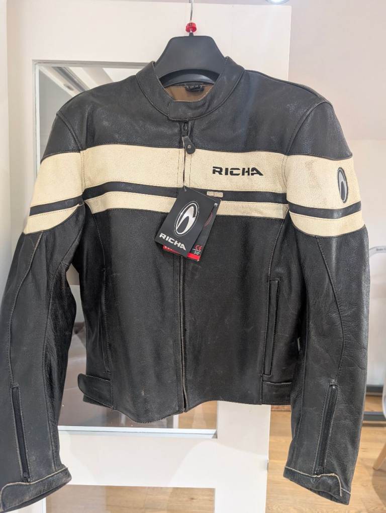 New Leather Motorcycle Jacket Richa Black and cream distressed retro motorcycle jacket.