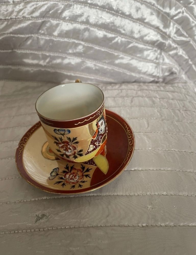 Vintage Japanese Moriage porcelain cup and saucer hand painted 
