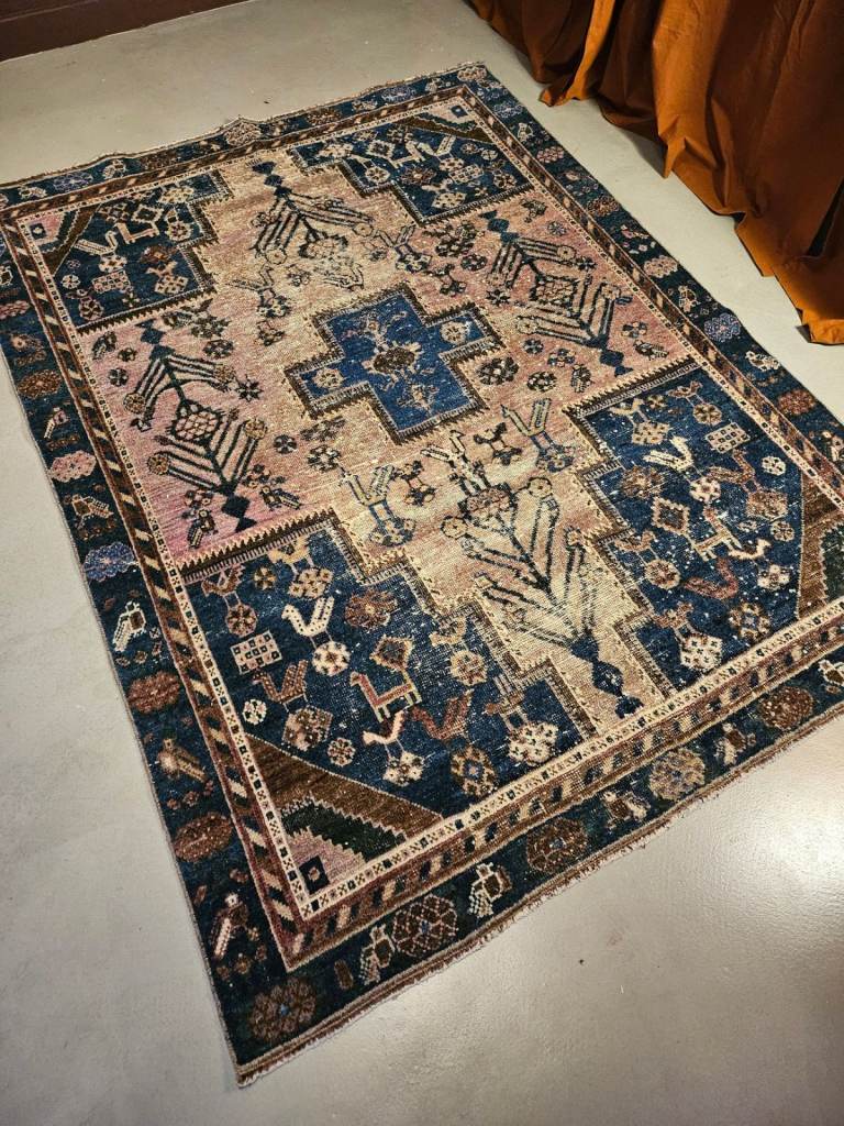 Mid Century Vintage Persian Tribal Rug Carpet 1950s 140 × 188cm Handwoven Prof Cleaned 