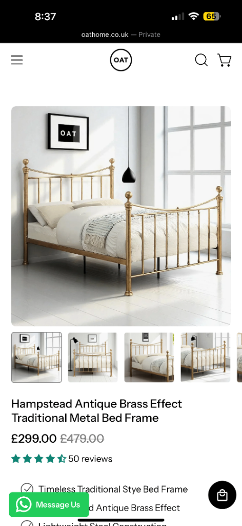 New Boxed Antique Brass Effect Metal Bed Frame - King Size