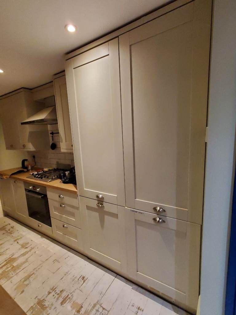 Removed and stacked: Used kitchen, Wickes Ohio shaker doors, 2x worktops, sink+tap, gas hob etc