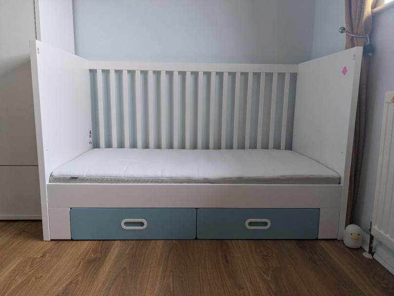 Ikea Stuva Cotbed White with Blue drawers Used with mattress and protector