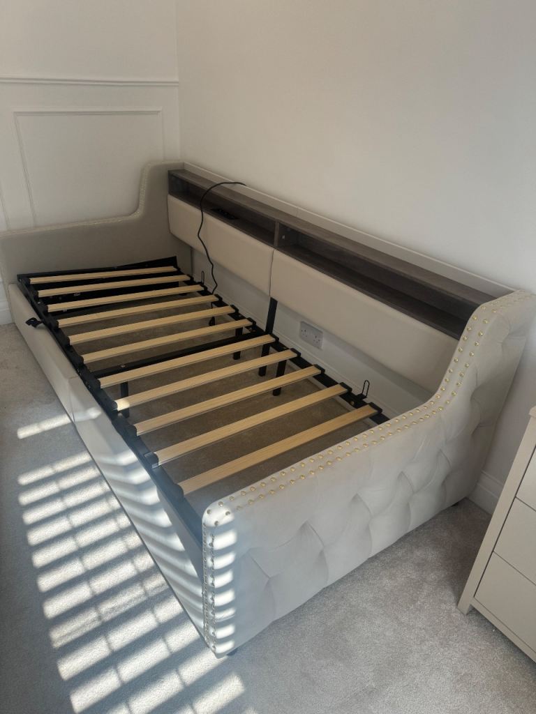 Beige Velvet Single Bed with Storage and Headboard Shelf