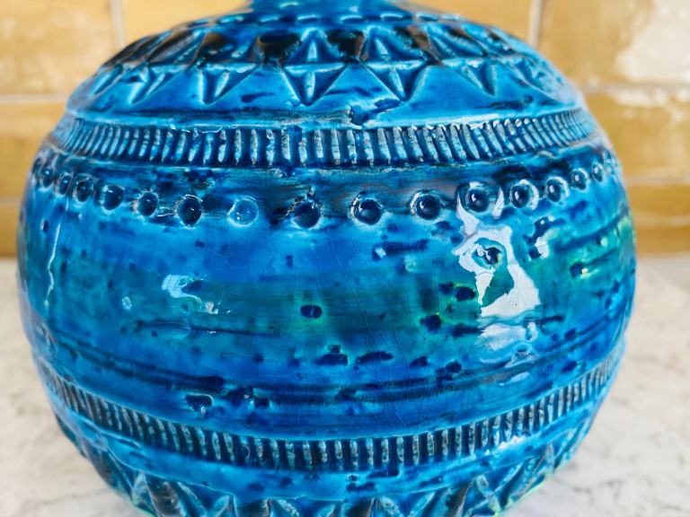Bitossi Rimini Blue Ball Globe Round Vase Vintage Aldo Londi Italy Mid Century 