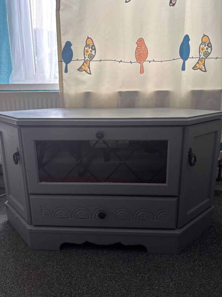 Grey Corner TV Unit with Glass Door and Drawer