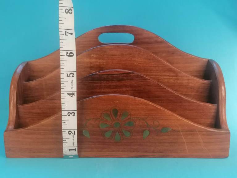 Vintage wooden letter rack, made of polished wood with a brass inlay design