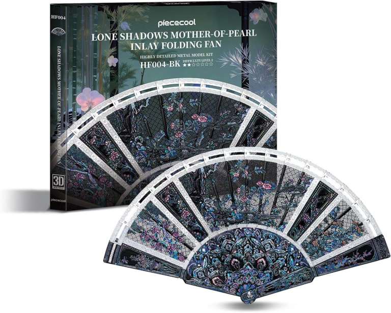 image for new in packaging - Piececool Metal 3D Puzzle Folding Fan with Dappled Shade in Mother-of-Pearl