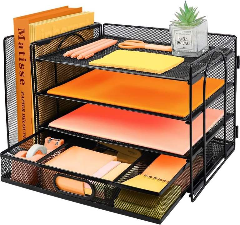 4-Tier Paper Letter Tray Desk Organizer with Drawer & File Holder