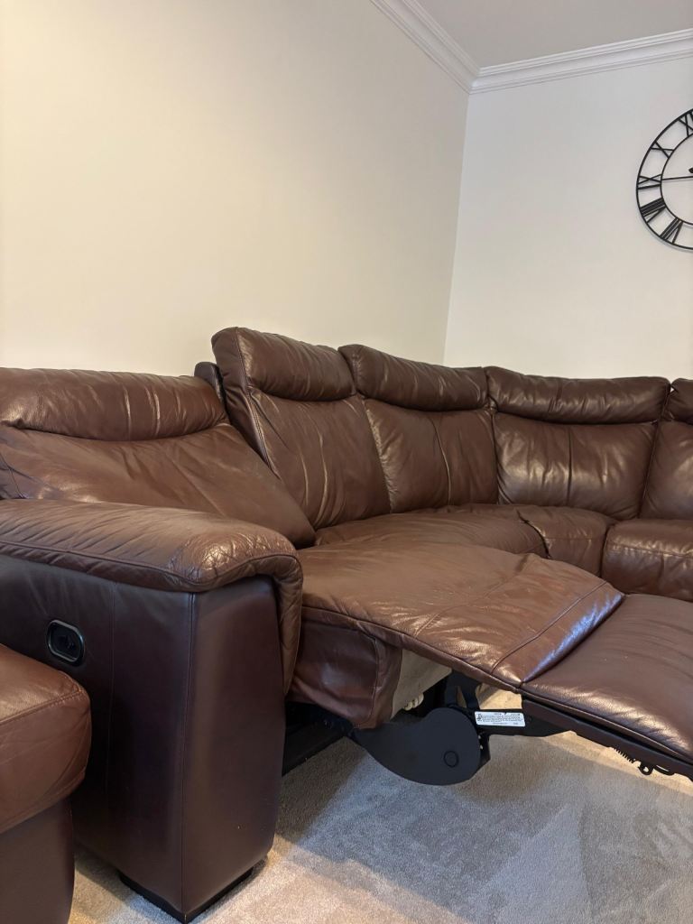 Brown Corner sofa with electric recliner
