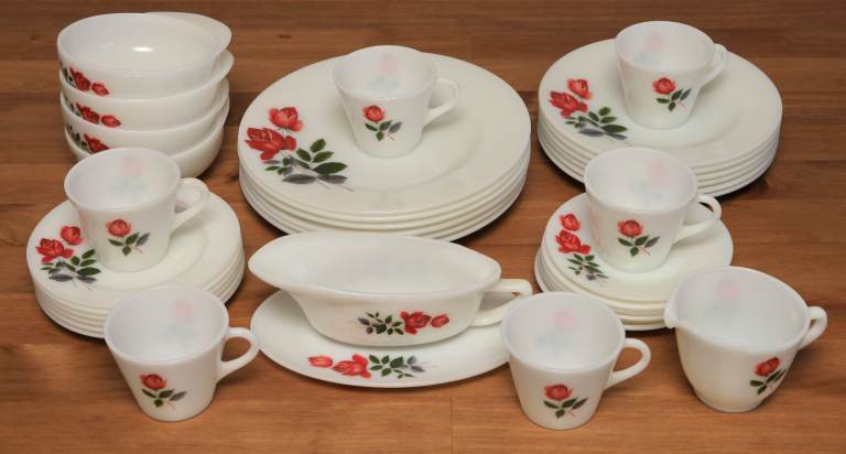 Vintage JAJ Pyrex June Rose Collection-Plates, Cup & Saucers, Gravy Boat & Jug, Bowls
