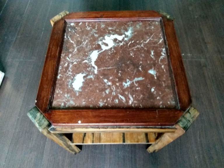 Small Wooden Table with Marble Top. Art Deco Side Table in Rosewood and Red, Pink marble, 1920s