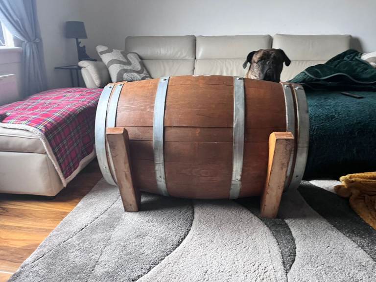 Whiskey barrel bed 