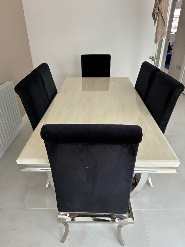 Real Marble Dining Table (180cm x 90cm) with 6 Velvet Dining Chairs