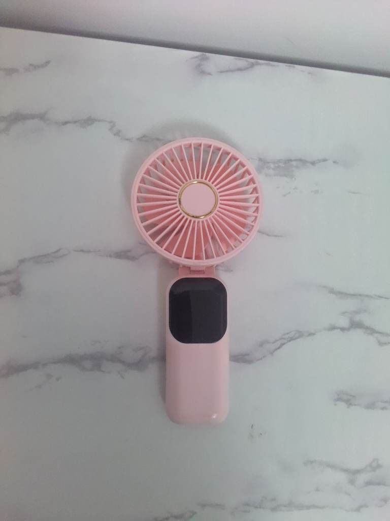 Lovely pink handheld fan with stand and lanyard