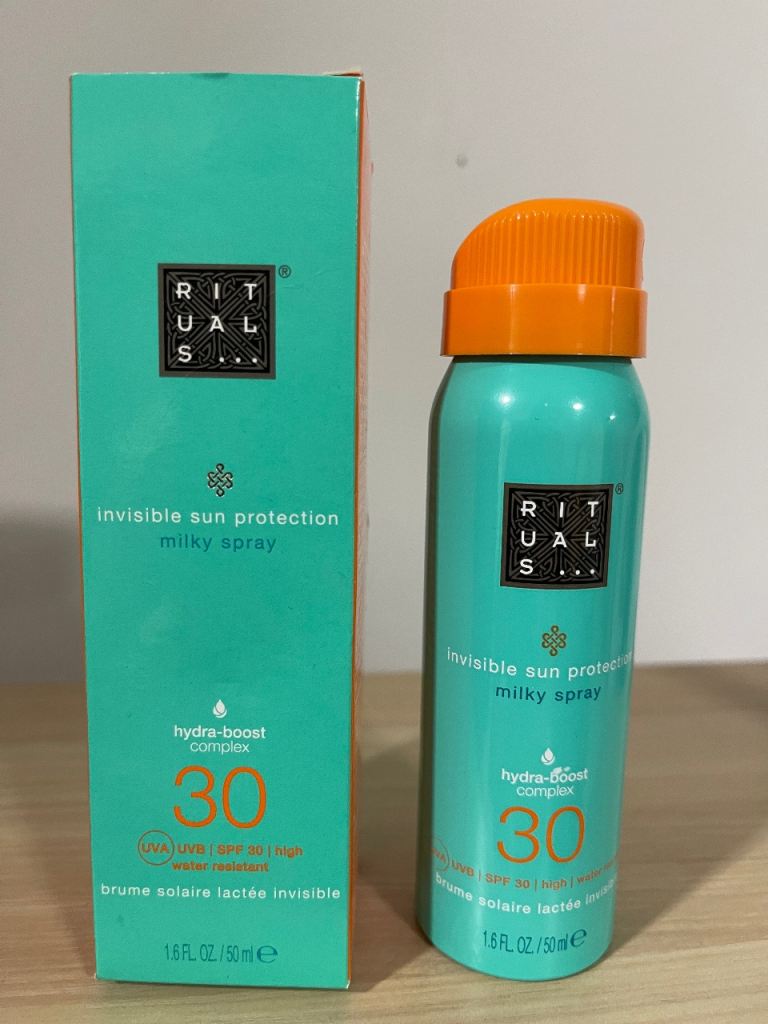 rituals 50ml SPF 30 sun screen milky spray white tea & lotus flower scent