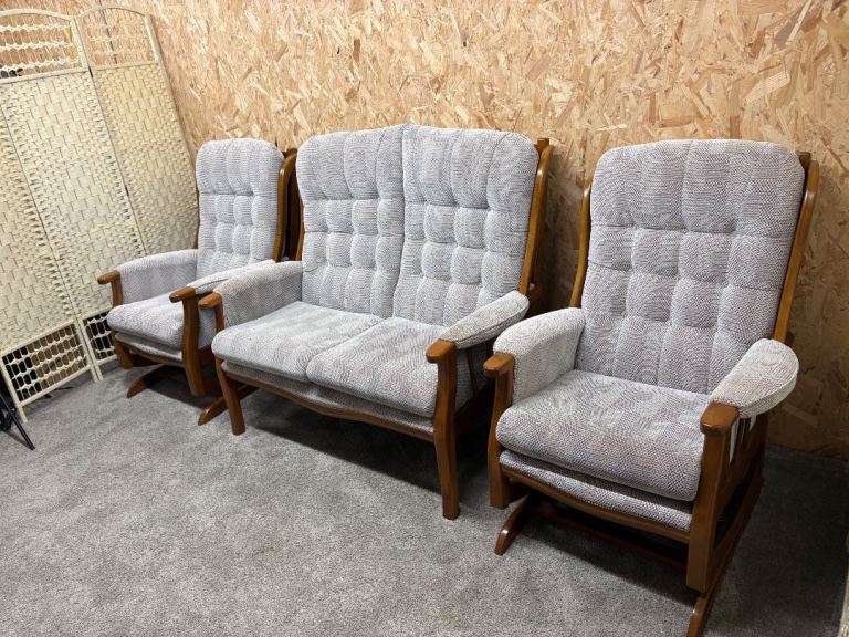 Modern Ercol Style 2 Seater Sofa & 2 Rocking Chairs – Fire Resistant