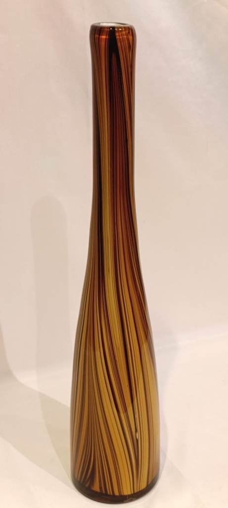 Vintage Murano style art 45cm tall hand blown glass vase brown, amber pinstripe