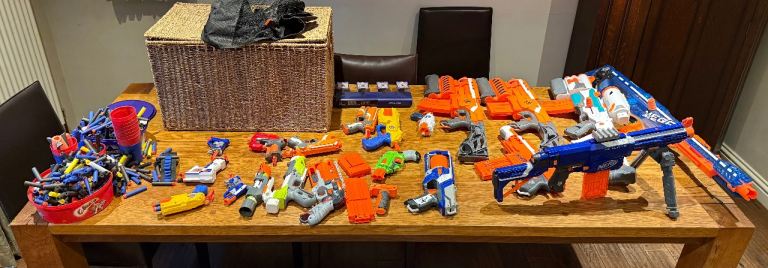 Job lot Nerf Guns in Wicker Crate (Car boot)