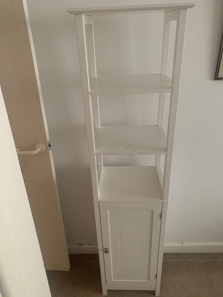White Wooden Bathroom Storage Unit with Shelves and Cupboard