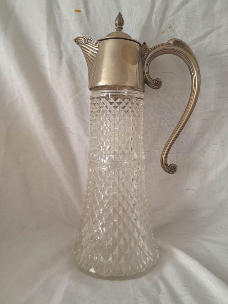 Vintage Silver plated 12.5'' crystal cut glass claret jug wine decanter