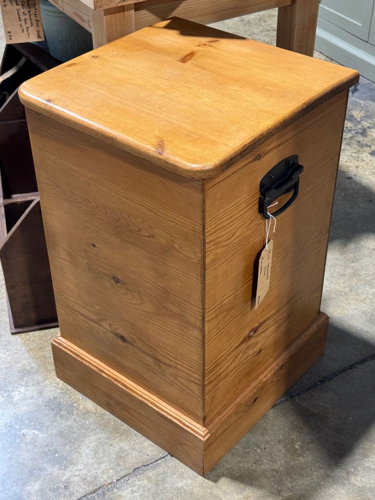 image for Vintage pine blanket storage toy box with metal handles