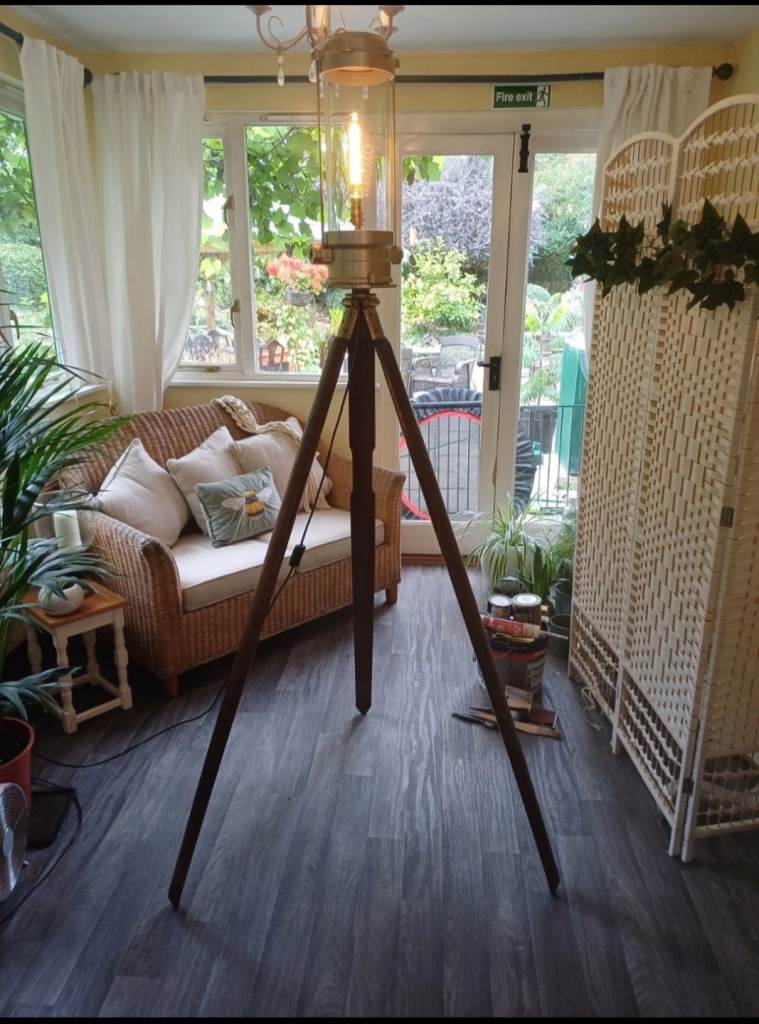 image for Steampunk Industrial Tripod Floor Lamp Statement piece rare unusual find 