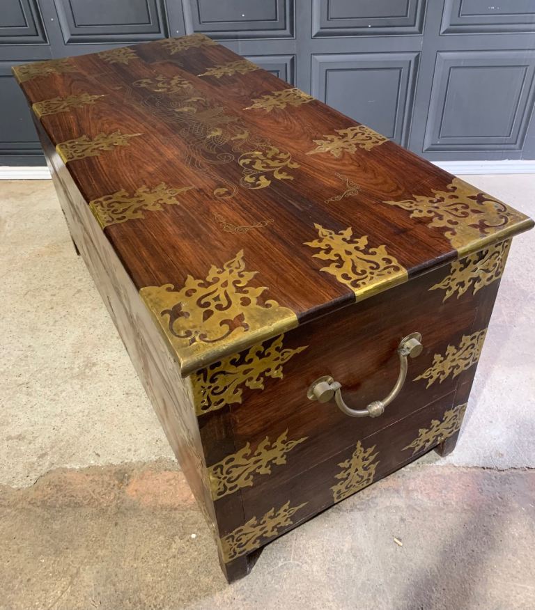 Anglo Indian Antique Style Solido I’m Rosewood & Brass Dowry Chest Blanket Box Storage Trunk