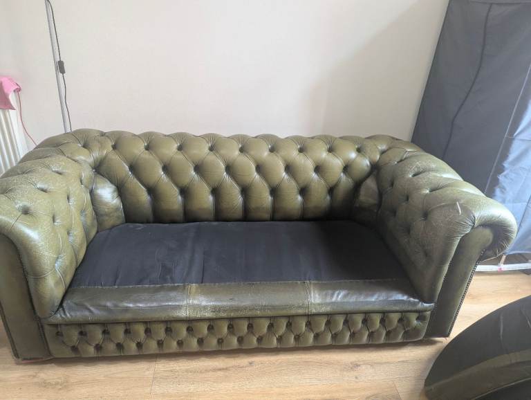 Green Leather Chesterfield Sofa – Fair Condition