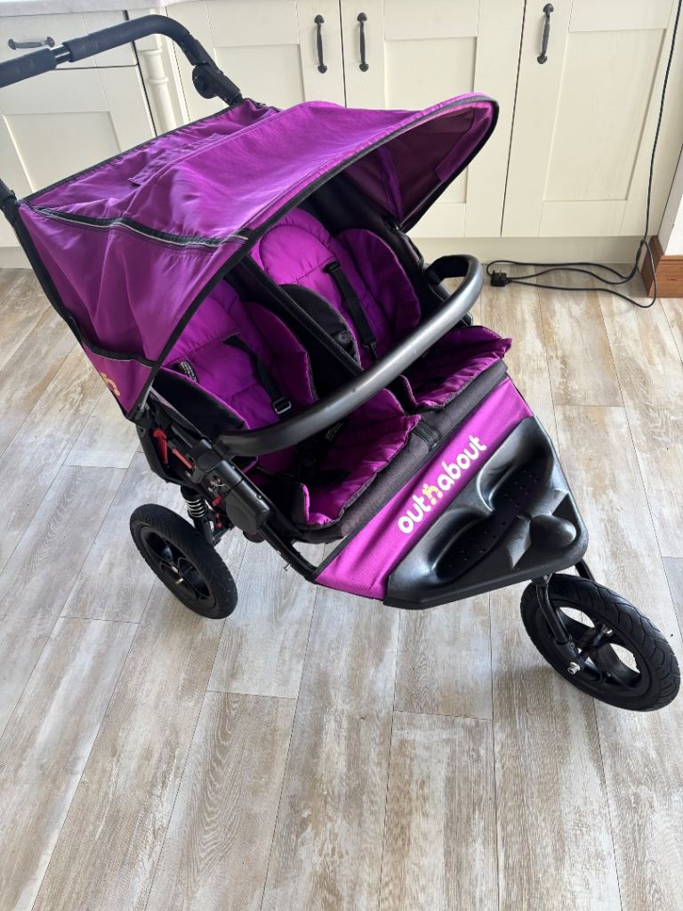 Out n About Double Buggy - Purple Twin Pram, Good Condition