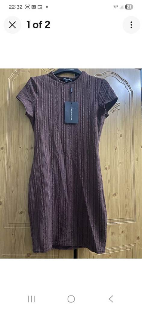 Pretty Little Thing Chocolate Textured Rib Cap Sleeve Bodycon Mini Dress Size 12