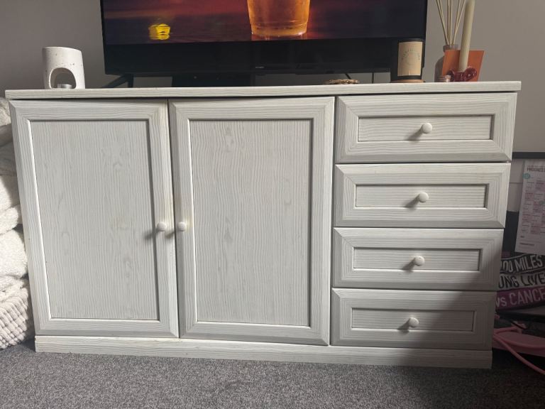 White Wooden Sideboard with Drawers and Cupboards – Good Condition