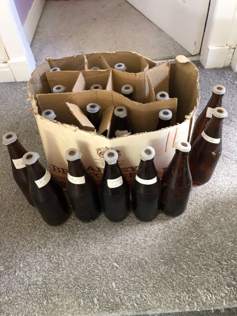 Job Lot of Brown old beer Glass Bottles with Caps - collectable 
