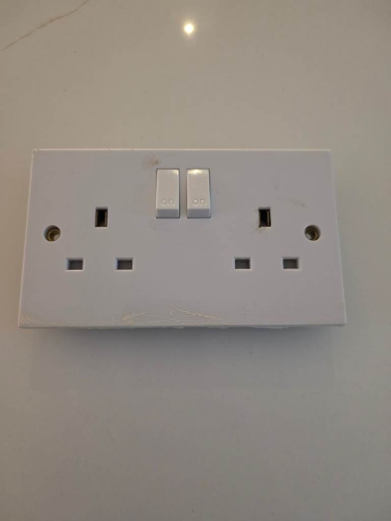 Double Wall Socket with Switches – White, Good Condition