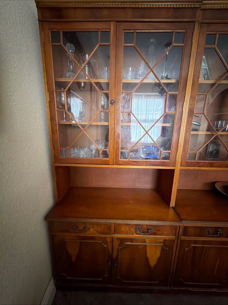 Vintage/ antique wooden display cabinet with shelves and draws