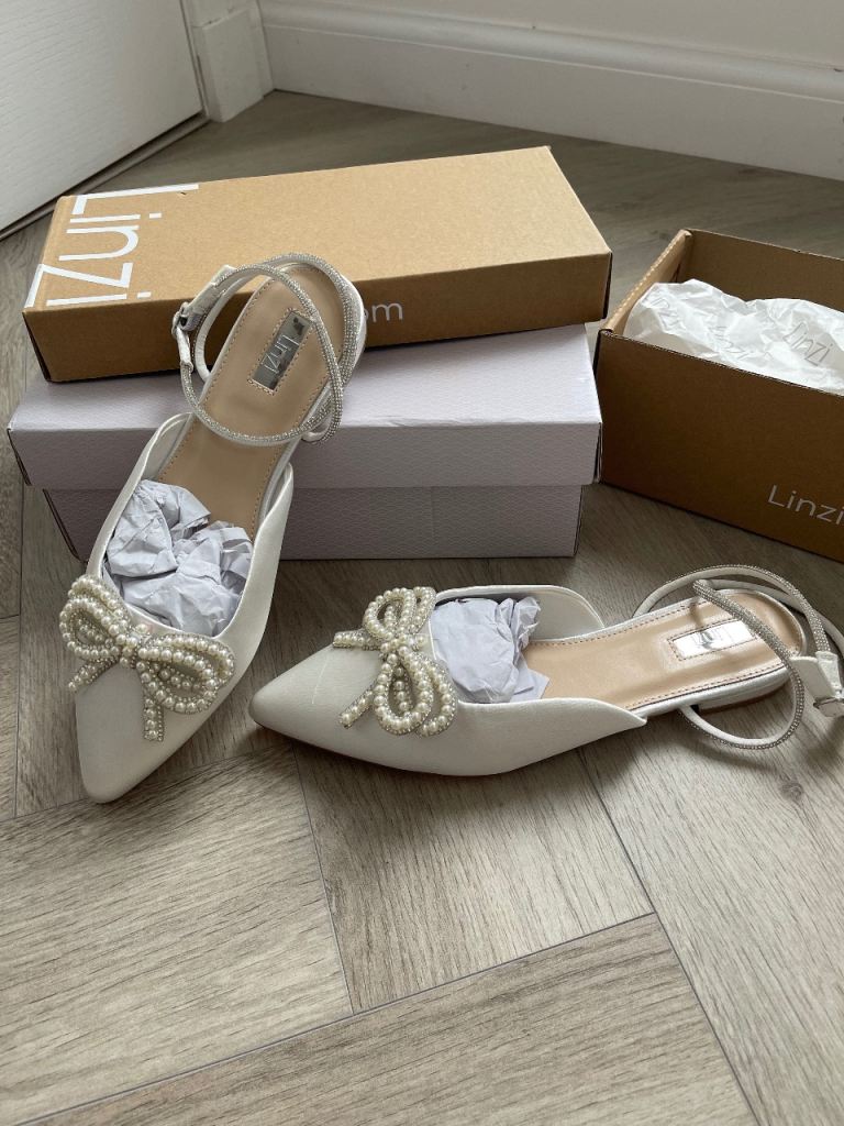 New Linzi White Pearl Bow Shoes – Perfect for Brides/Occasions