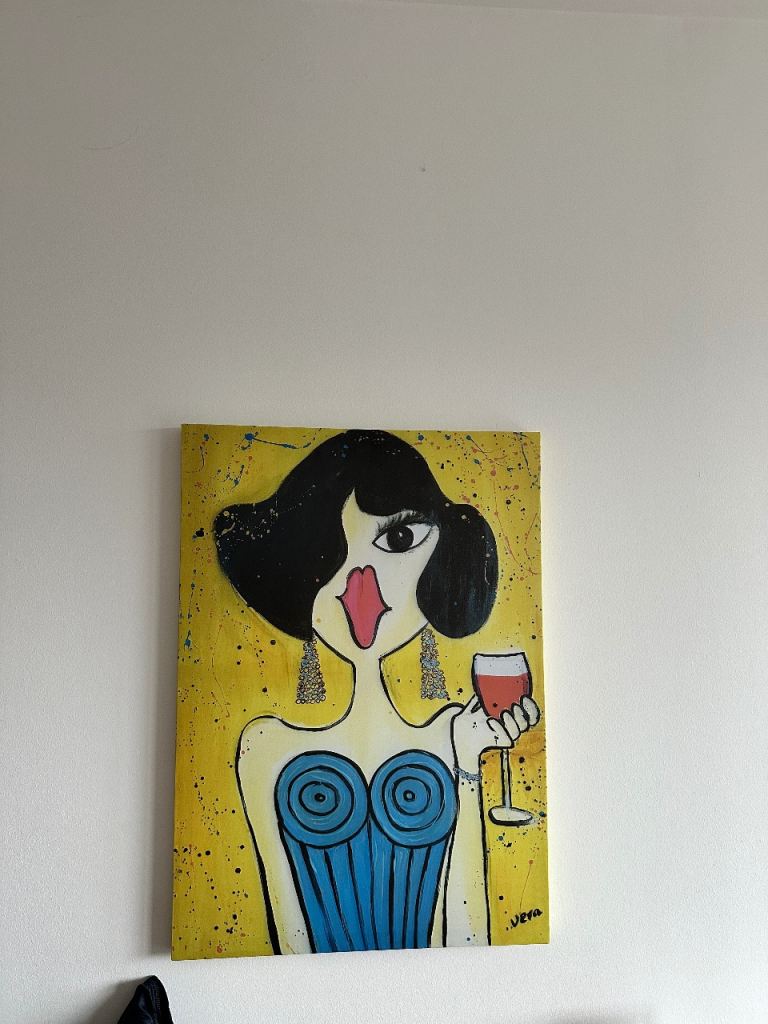 Fun Painting of Lady with Wine Glass – Good Condition