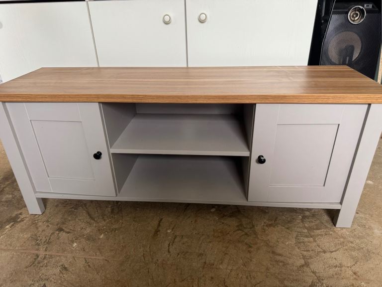 Grey TV Unit with Oak Top – Good Condition