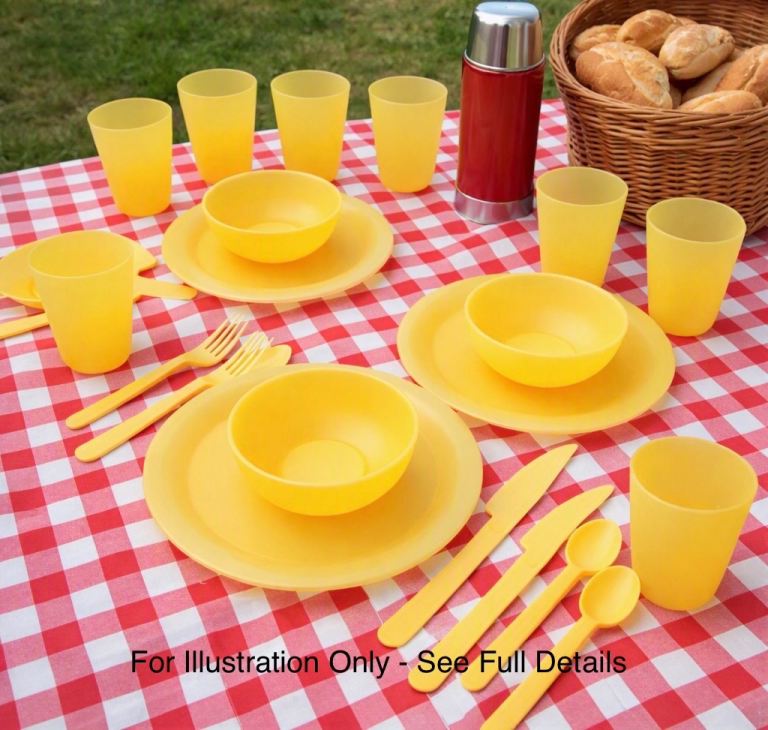 Reduced! Sunny Yellow 6‑Person Picnic Set-Plates Bowls Cups Cutlery-Outdoor Dining