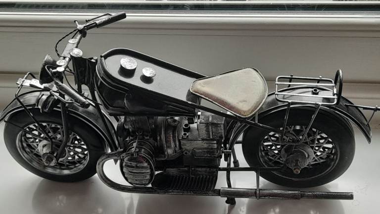 Large Vintage BMW R52 Motorcycle Model - Handmade Metal Tin Toy (37cm)